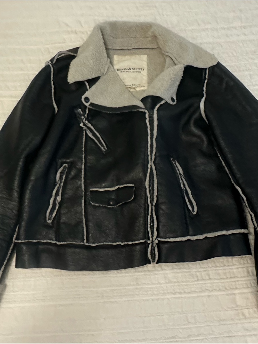 Denim & Supply Ralph Lauren Black Leather Shearling-Trim Jacket XL women